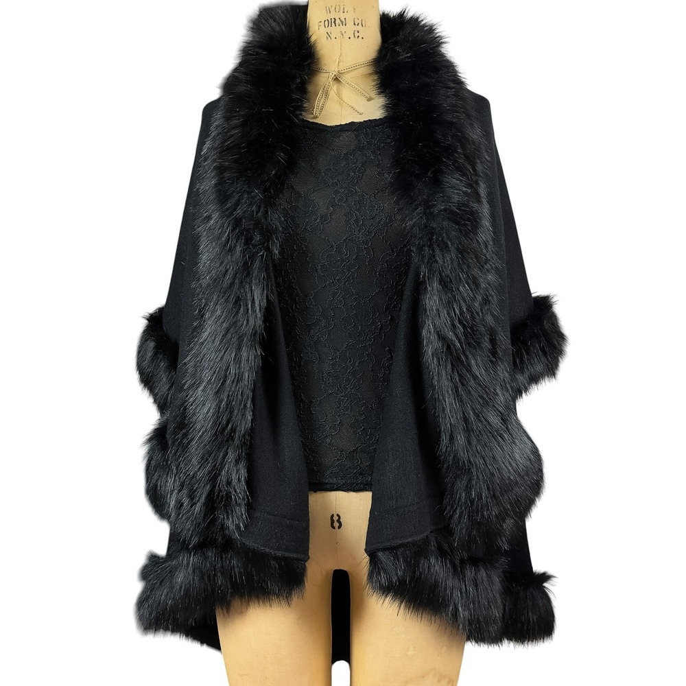 Vintage Cape Faux Fur Trim Open Front Draped Shawl Wrap Glam Elegant One Size